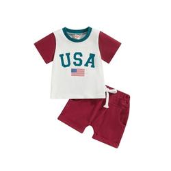 GXFC Infant Baby Boys 4th of July Contrast Color Clothes Toddler Boys Independence Day Summer Outfits Flag Letter Print Short Sleeve T-Shirts Tops+Shorts Set 2Pcs 3M-3Y