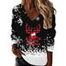 Sweatshirt For Women Christmas Loose Sweatshirt Black Snowflake Deer Head Cup Print V Neck Sweatshirt Top