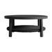 Ollie 42 Inch Outdoor Round Coffee Table, Black Aluminum, Wicker Shelf