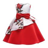Odeerbi Tutu Formal Dress For Toddler Girls Birthday Dresses Net Yarn Flowers Print Dress Bow Ruffles Party Gown Long Dresses Red