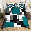 Teal Geometric Duvet Cover Set Double Size, Black White Grey Square Comforter Cover with 2 Pillowcases, Modern Abstract Bedding Set 3pcs for Kids Boy Girls Room Decor Checkered Bedspread Cover