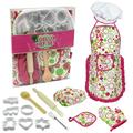 Cooking and Baking Set 15 PCS with Hat Apron Oven Mitt Oversleeves Kitchen Utensils Role Playset Gift for Girls (Pink)