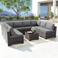 Kullavik Patio Furniture Set 9 Pieces Outdoor Furniture Rattan Wicker Sectional Sofa Set Patio Conversation Set with Thickened Cushions and Glass Coffee Table Grey