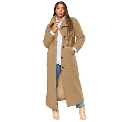 Plus Size Women's Maxi Teddy Fleece Coat by June+Vie in Soft Camel (Size 30/32)