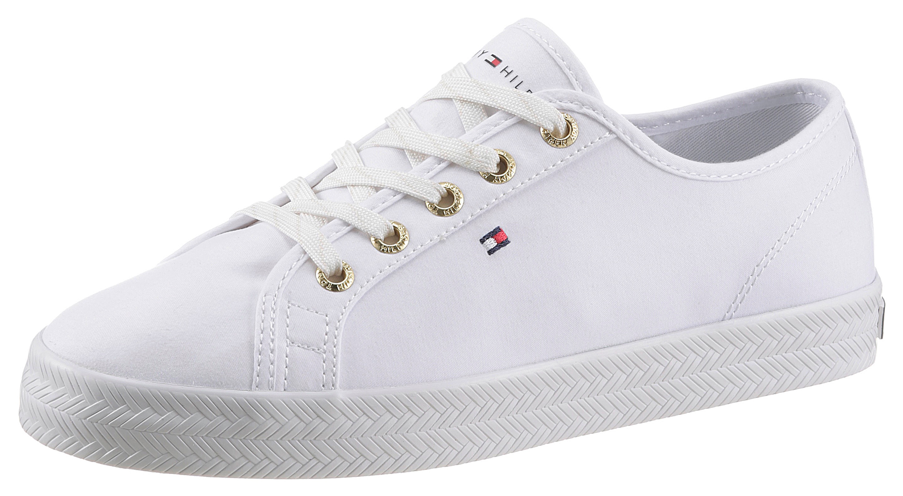 Sneaker TOMMY HILFIGER "ESSENTIAL NAUTICAL SNEAKER", Damen, Gr. 36, weiß, Textil, Schuhe Sneaker, Freizeitschuh, Halbschuh, Schnürschuh mit goldfarbenen Ösen