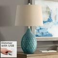 360 Lighting Modern Table Lamp with USB Charging Port 24 3/4 High Sea Foam Ceramic Oatmeal Drum Shade for Living Room Desk Bedroom