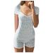 Pajamas Romper Women One Piece Sleepwear Loose Sleep Jumpsuit Fashion Women s Summer Short Casual Printed V-neck Sling One-piece Shorts Jumpsuit Light Blue S