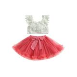 Wassery Toddle Girl Summer Outfit Sleeveless Pleated Tank Tops with Plush Ball and Elastic Mesh Tulle Skirt Set 12M 18M 24M 3T 4T Girl Tutu Dress