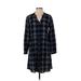 Garnet Hill Casual Dress - Shirtdress V Neck Long sleeves: Blue Plaid Dresses - Women's Size 00