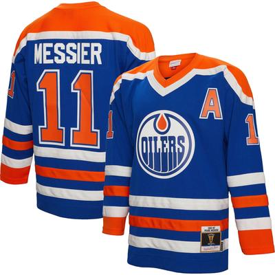Herren-Spielertrikot mit Mark Messier von Mitchell & Ness, Royal Edmonton Oilers, alternativer Kapitänsaufnäher, 1986/87, blaue Linie Image