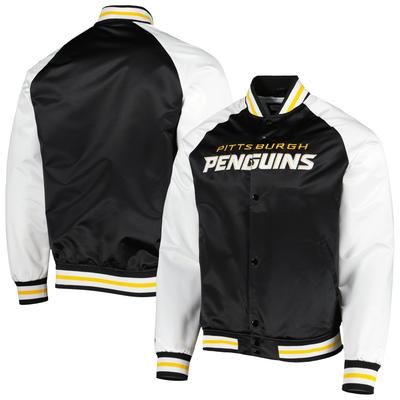 Mitchell & Ness – Schwarz/Weiße Pittsburgh Penguins Primetime Raglan-Satinjacke mit durchgehendem Druckknopf für Herren Image