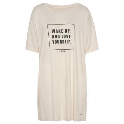 Sleepshirt LASCANA, Damen, Gr. 44/46, N-Gr, beige (ecru), Single Jersey, Obermaterial: 95% Viskose, 5% Elasthan, casual, loose fit ca. Mitte Oberschenkel, Rundhals, Kurzarm abgesteppte Kante, Kleider, in locker sitzendem Schnitt Image