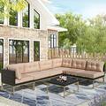 7 Piece Patio Sofa Set Outdoor Conversation Sofa Set with Corner Sofas Armless Sofas and Coffee Table Metal Sectional Furniture Set with Brown Cushions for Yard Poolside Deck Garden