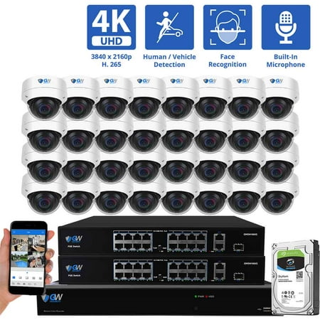 GW Security 32 Channel NVR UltraHD 4K Face/Human/Vehicle Detection PoE Security Camera System with 32 x 4K (8MP) IP Microphone AI Dome Camera 100ft Night Vision Outdoor/Indoor Surveillance Camera