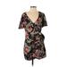 Dress Forum Casual Dress - Wrap Plunge Short sleeves: Black Floral Dresses - Women's Size Small