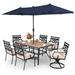 Lark Manor™ Alyah Rectangular 6 - Person 60" Long Outdoor Dining Set w/ Cushions & Umbrella Plastic in Blue | 60 W x 38 D in | Wayfair