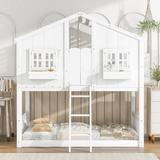 House Bunk Bed with Window, Roof, Door, and Window Box, Low Height Twin over Twin Bed with Safety Guardrails and Ladder
