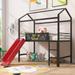 Metal House Bed with Slide and Two-Sided Writable Wooden Board