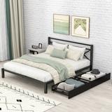 Queen Size Metal Platform Bed with 2 Drawers and 13 Metal Slats, Sturdy Metal Frame Bed with Headboard, No Box Spring Needed