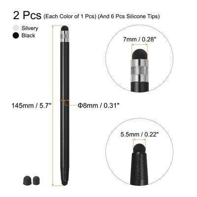 2pcs Stylus Pens for Touch Screens with 4 Extra Tips Black Silver - Black Silver