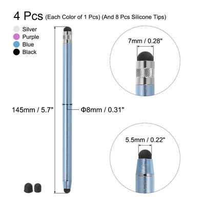 4pcs Stylus Pens for Touch Screens with 8 Extra Tips Silver Purple Blue Black - Silver Purple Blue Black