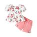 Mikrdoo Baby Girls Outfits 18 Months Infant Girls Floral Print Bubble Sleeve 24 Months Infant Girls Tops Elastic Shorts 2Pcs Clothes Set For Summer Pink