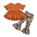 Toddler Girls Short Sleeve Ruffles T-Shirt Pullover Tops Cartoon Cow Printed Bell Bottoms Pants Outfits Kids Child Clothing Streetwear Dailywear Outwear