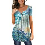 Hvyesh Womens Summer Tops Loose Fit Ladies Fashion V- Neck Floral Printed Tunic Tops Buttons Short Sleeve T-shirt
