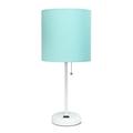 Creekwood Home Oslo 19.5 Contemporary Bedside Power Outlet Base Standard Metal Table Desk Lamp in White with Aqua Drum Fabric Shade for Home DÃ©cor Bedroom End Table Living Room Dorm Office
