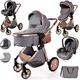 Baby Buggy Pram Pushchair Stroller 3 in 1 Child Lightweight Folding Stroller 3 in 1 Travel System Pram for Newborns & Toddlers 0-36 Months from Birth Aluminum (Grey - Rose Gold Frame)