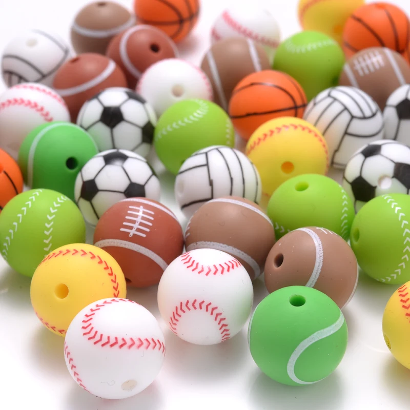10 pièces 15mm perles de Silicone imprimées rondes Baseball Tennis basket-ball de qualité alimentaire perles de dentition pour bricolage bébé sucette chaîne Clip