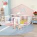 41" x 77" Twin Size Solid Wood Floor Bed Frame with Fence and Door, Not Including Slats, for Toddler & Kids & Babys