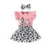 Toddler Girls Cute Outfit Cow Printed Fly Sleeve Romper Skirt And Headbands 3pcs Set Outfits Kids Child Clothing Streetwear Dailywear Outwear