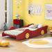 Twin Size Pine Wood Race Car-Shaped Kid's Platform Bed with Wheels Design and Rails, 87.4"L x 40.3"W x 16.1"H