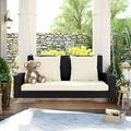 2-Person Wicker Hanging Porch Swing with Chains Cushion Pillow Rattan Swing Bench for Garden Backyard Pond. (Brown Wicker Beige Cushion)