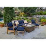 Jakarta Teak 6 Piece Sofa and Fire Table Set with Sofa 2 Club Chairs Fire Table and 2 Ottomans Navy Cushions