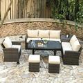 Abrihome 7-piece Patio Outdoor Wicker Sectional Sofa Set with Rain Cover Brown