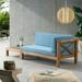 Christopher Knight Home Brava Outdoor Acacia Wood Right Arm Loveseat and Coffee Table Set with Cushion by Teak/ Blue