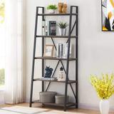 Industrial Ladder Shelf, Rustic 5 Tier Leaning Bookshelf, Wood Metal Ladder Bookcase (Dark Grey Oak)