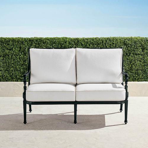 Carlisle Loveseat with Cushions in Onyx Aluminum - Quick Dry, Glacier - Frontgate
