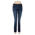 Express Jeans Jeans - Mid/Reg Rise Skinny Leg Denim: Blue Bottoms - Women's Size 4 - Dark Wash