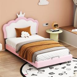 Lit 90x200cm - Lit d'Enfant avec Tête de Lit en Forme de couronne + Sommier à Lattes - Rose