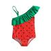 Girls Swimsuits 2 Piece High Waisted Summer Ruffles One Piece Swimwear Watermelon Prints One Shoulder Beach Bikini Baby Girl Bathing Suits Size 80