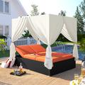 Outdoor Patio Wicker Sunbed Daybed with Four-sided Canopy and Overhead Curtain PE Rattan Sofa Set with Cushions and Adjustable Seats Lounge Chairs for Garden Backyard Poolside Orange