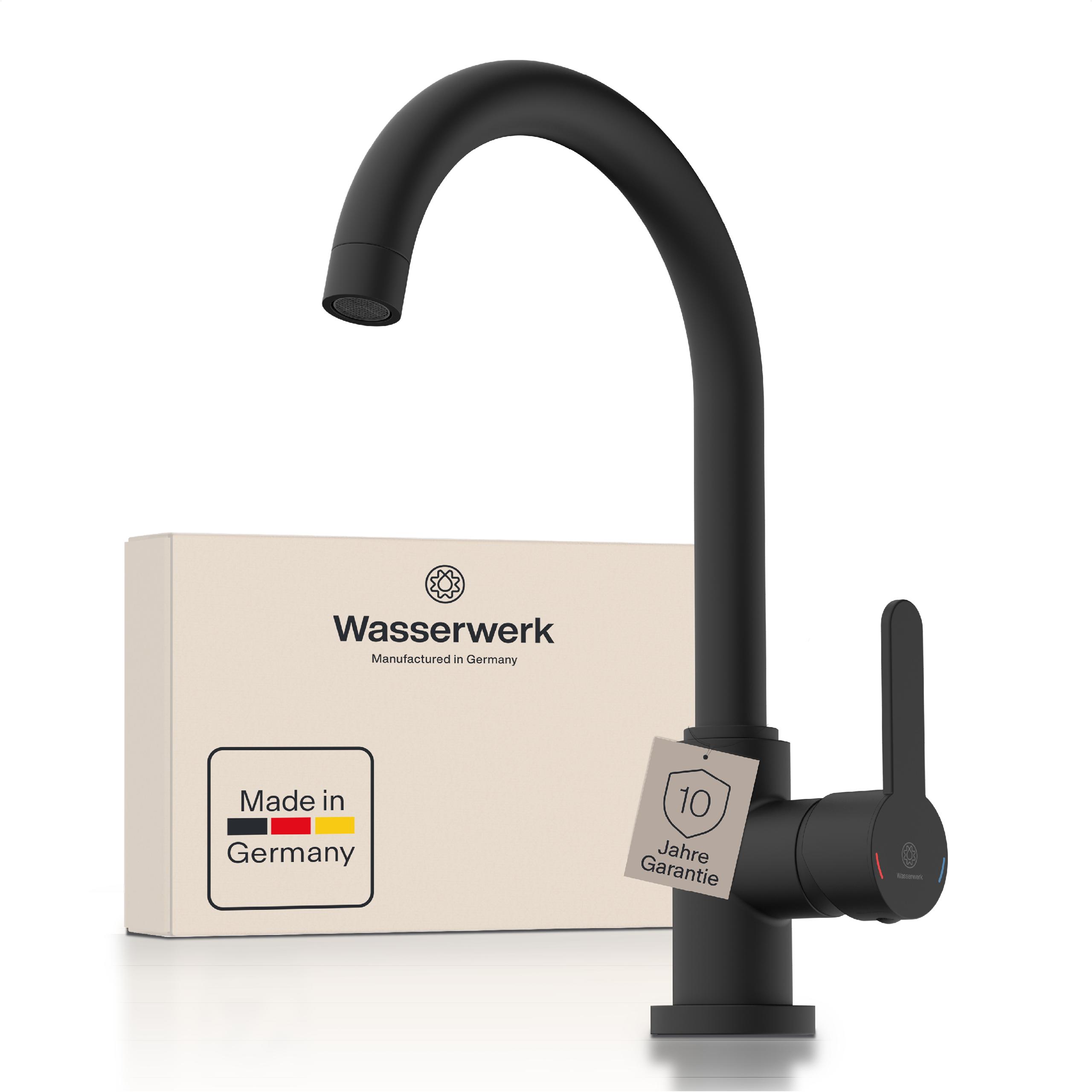 Spültischarmatur WASSERWERK "WK 5, Wasserhahn, Küche, Einhebelmischer", schwarz, B:5,9cm H:33,3cm T:21,3cm, Messing, Armaturen, 360 schwenkbar, Cold-Start-Funkt., geräuscharm