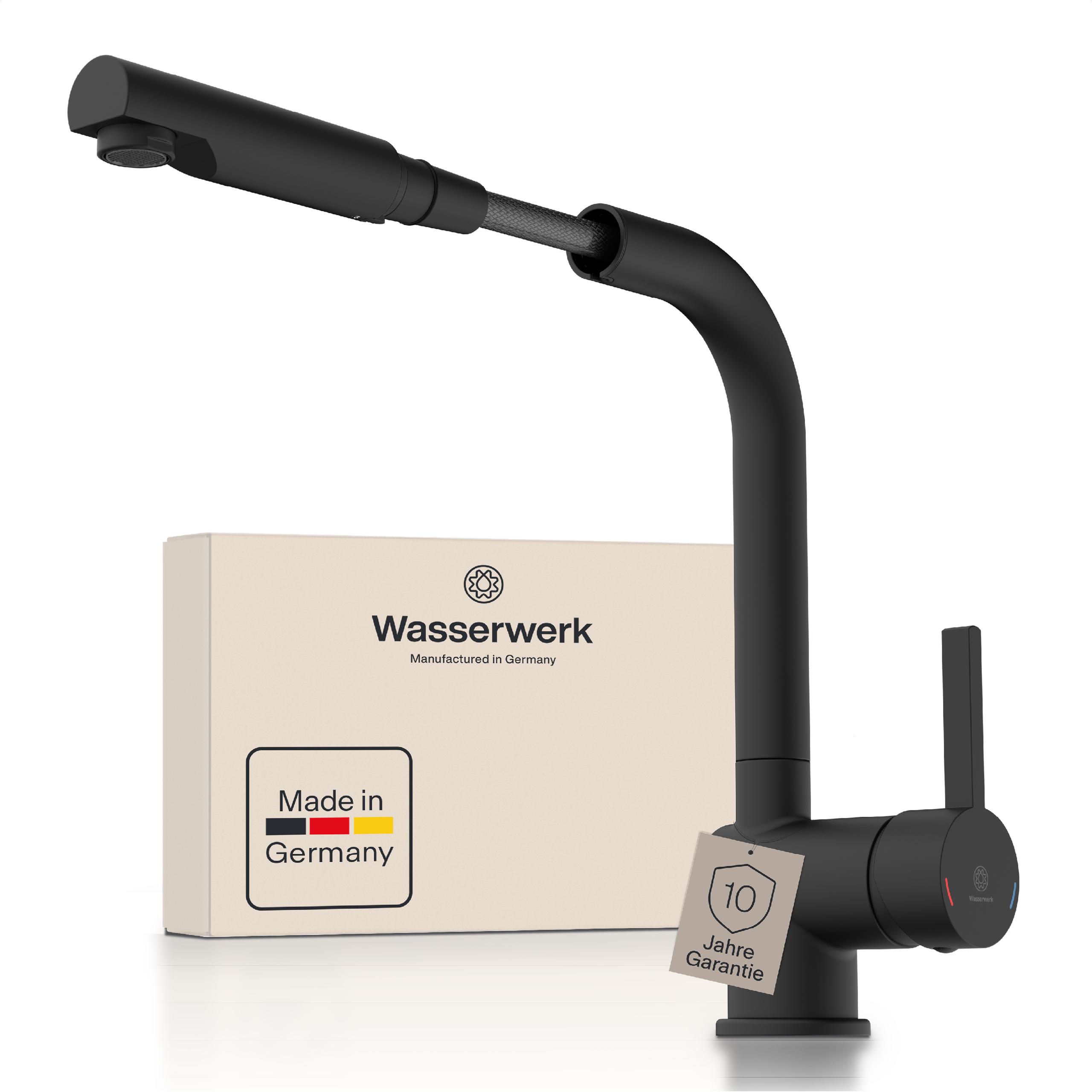 Spültischarmatur WASSERWERK "WK 4, Wasserhahn, Küche, Einhebelmischer", schwarz, B:5,7cm H:29,8cm T:23,3cm, Messing, Armaturen, 360 schwenkbar, Cold-Start-Funkt., herausziehbar