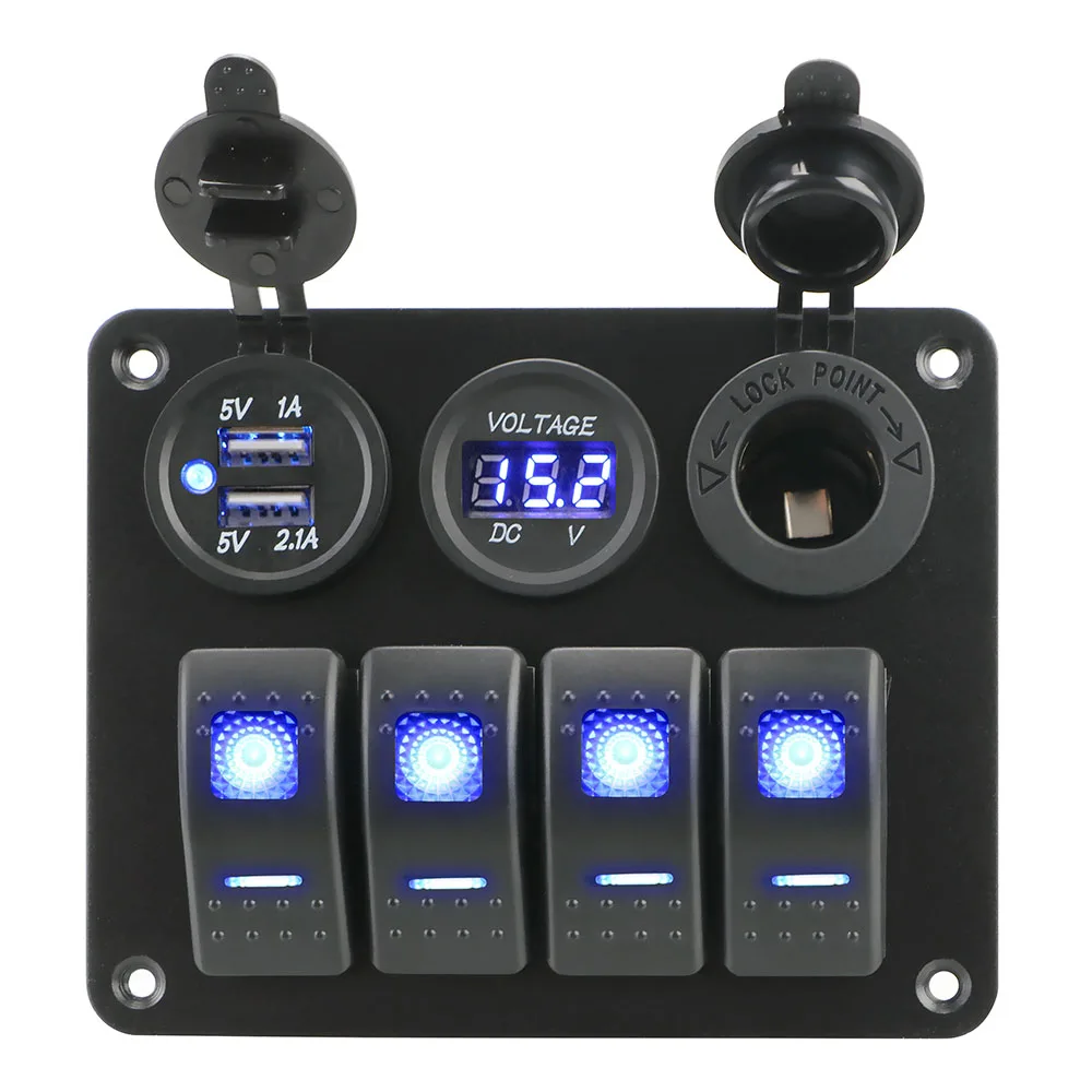 Panneau de commutation à 4 gangs pour voiture, camping-car, caravanes, double Port USB, voltmètre numérique, disjoncteur, panneau à bascule LED en aluminium