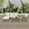 Patio Furniture Set Outdoor Wicker Sofa with Chaise Lounge Glass Tabletop Coffee Table Four-Piece Set(beige)