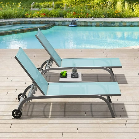 Domi Outdoor Chaise Lounge Set of 3 Lounge Chair with Wheels & 5 Adjustable Position Turquoise Blue