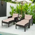 5 Pieces Patio Rattan Wicker Furniture Set Sofa Ottoman with Brown Cushion Patio Garden Yard Armchair Set